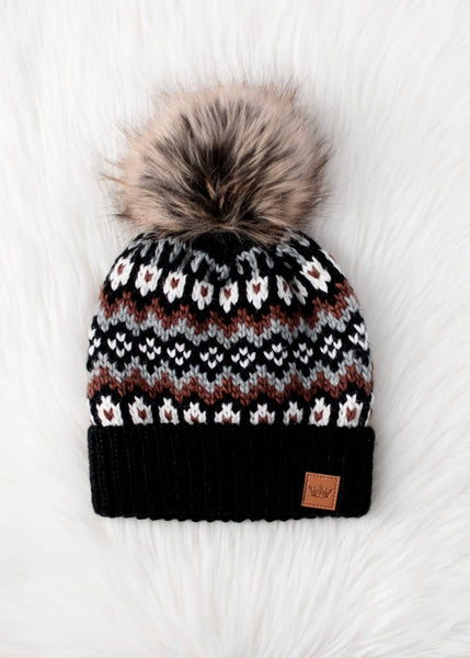 Black, White & Brown Winter Pattern Pom Hat