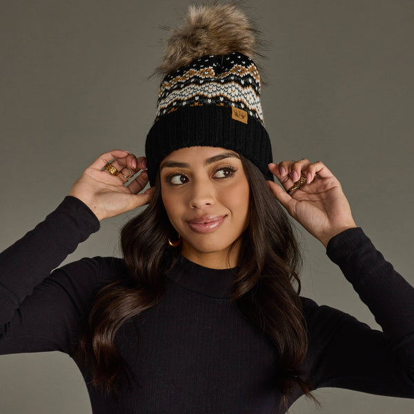 Mustard, Blue & Black Patterned Pom Hat