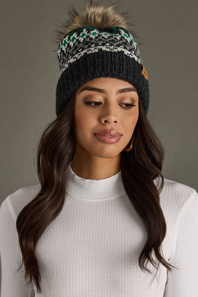 Green, Dark Gray & White Winter Pattern Pom Hat