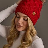 Red Cable Knit Pom Hat