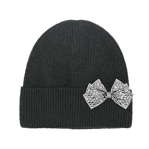 Rhinestone Bow Cuff C.C Beanie - 2 colors
