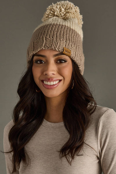 Beige & Taupe Color Block Pom Hat