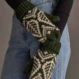 Olive & Beige Patterned Knit Mittens