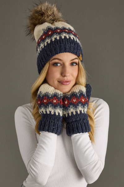Blue, Red & Gray Patterned Pom Hat