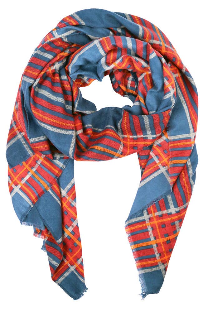 Orange Plaid Check Pattern Fringe Edge Trim Winter Scarf