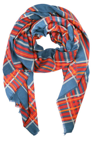 Orange Plaid Check Pattern Fringe Edge Trim Winter Scarf