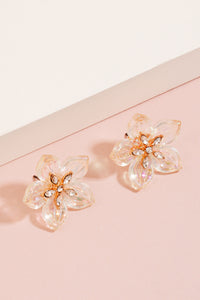 Clear Iridescent Rhinestone Flower Stud Earrings