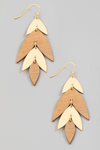 Metallic And Wooden Leaf Dangle Earrings