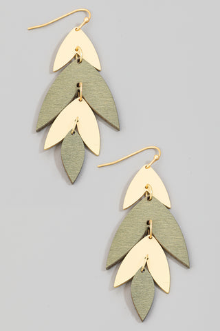 Green Wood & Metallic Leaf Dangle Earrings