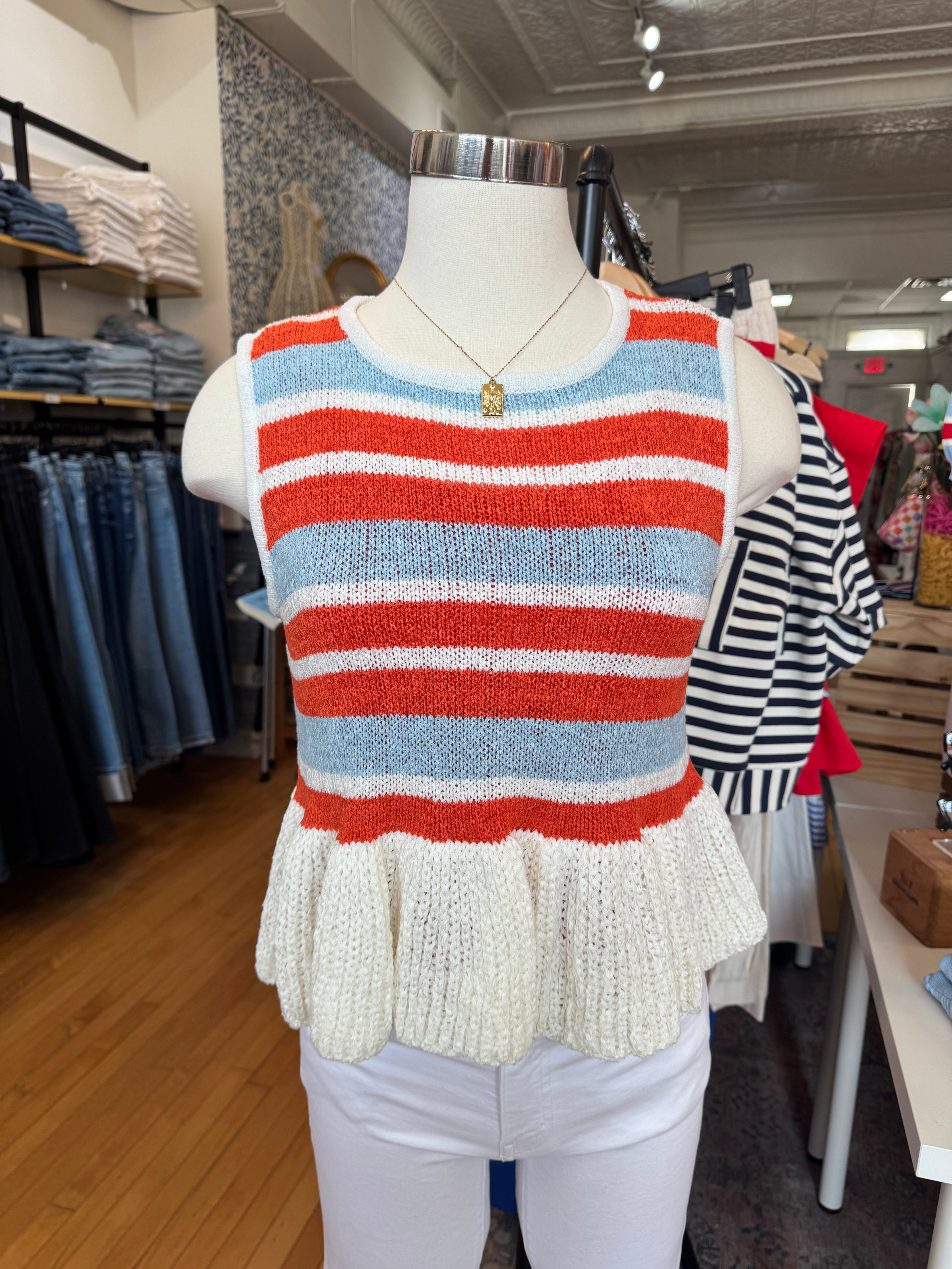 The Peplum Stripe Sleeveless Knit Top