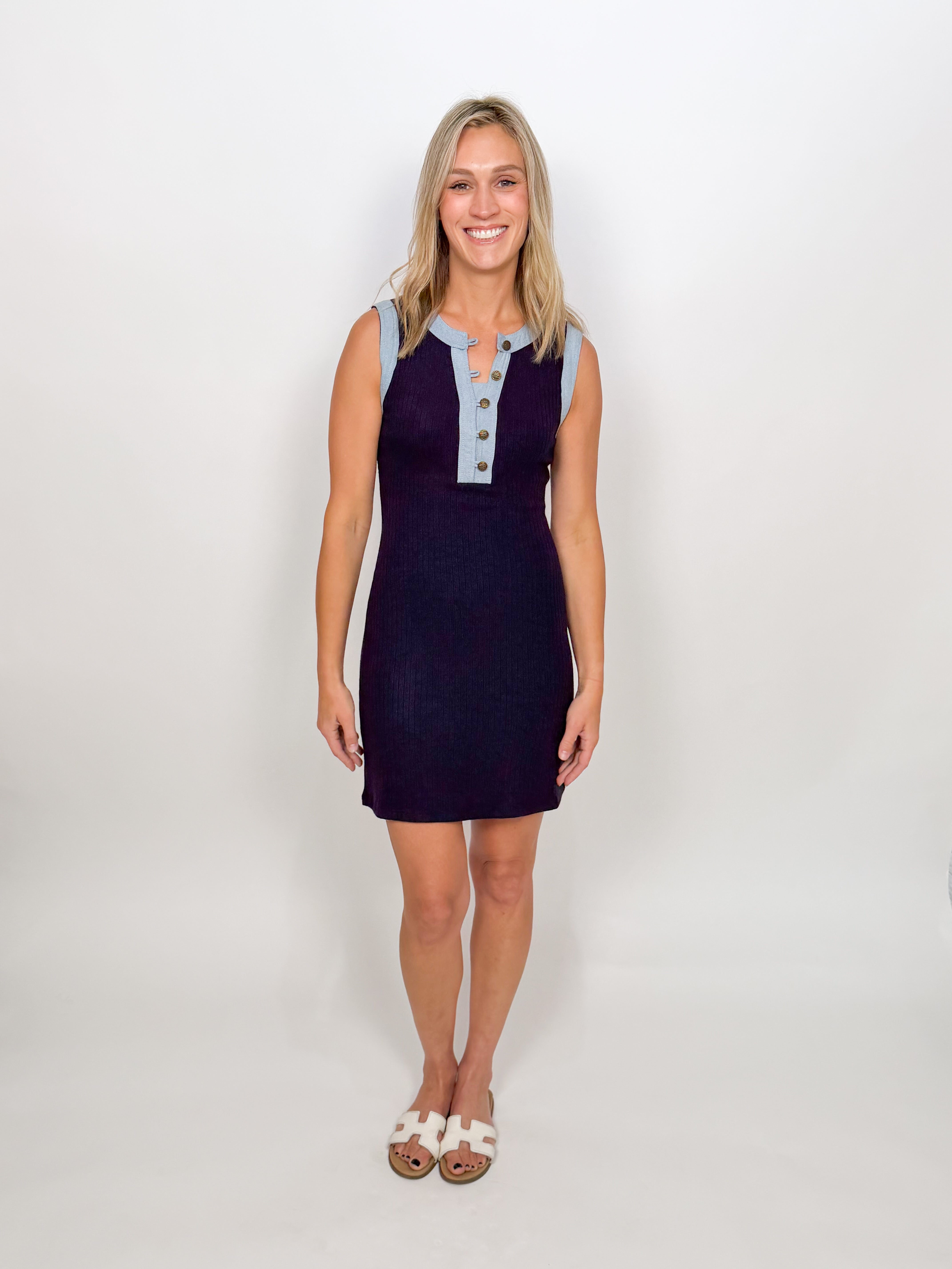 The Odell Denim Trim Sleeveless Dress