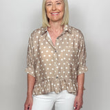 The Clara Mocha Polka Dot Peplum Top