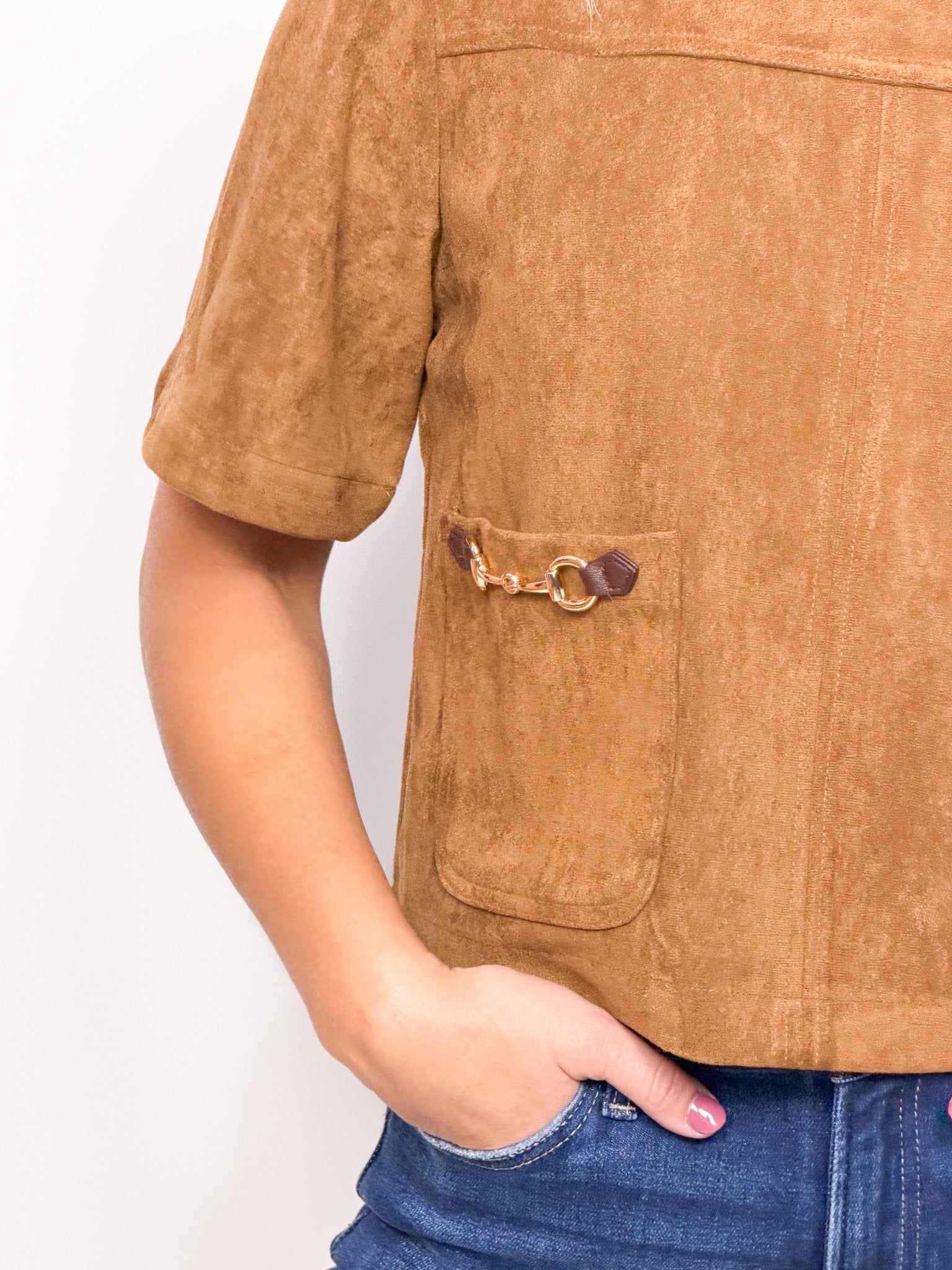The Colby Horse Bit Faux Suede Top