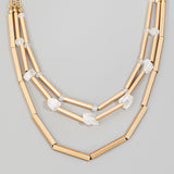 Stone And Metallic Tube Beaded Layered Chain Necklace