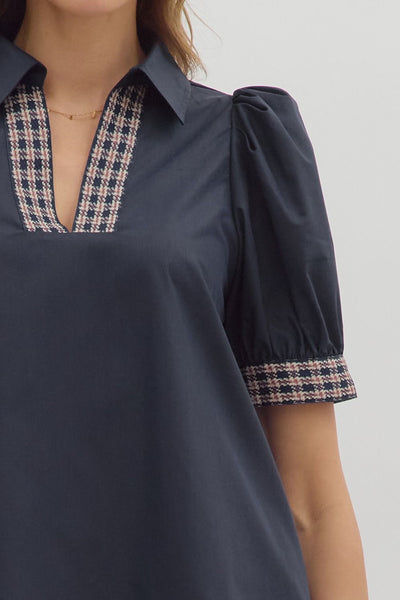 the Abigail Plaid Trim top