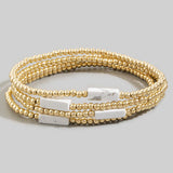 White Semi Precious Stone Gold Beaded Stretch Bracelet