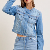 Collarless Denim Jacket - Hidden Jeans