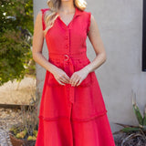 The Mira Red Belted Midi Dress