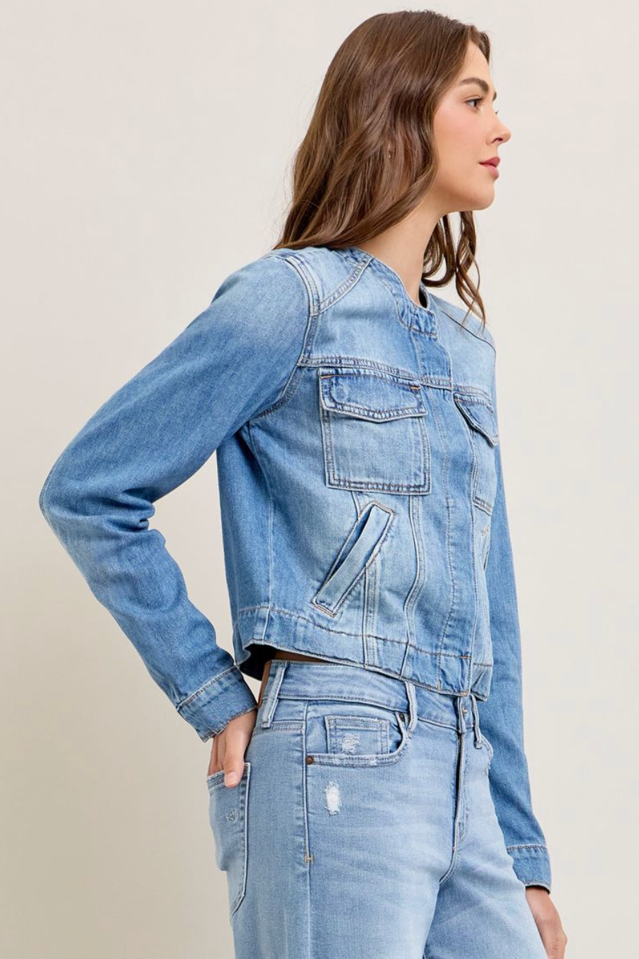 Collarless Denim Jacket - Hidden Jeans