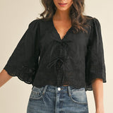 The Hendrix Black Eyelet Tie Front Blouse