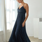 The Angelina Navy Dot Pleated Maxi Dress
