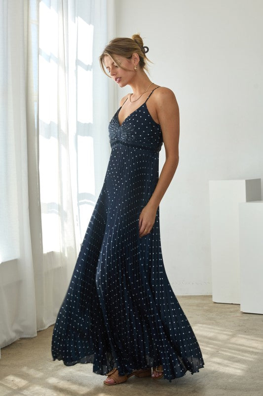 The Angelina Navy Dot Pleated Maxi Dress | Elegant Style Pennybird The Angelina Navy Dot Pleated Maxi Dress | Elegant Style Pennybird