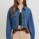 Cropped Leather Trimmed Denim Jacket