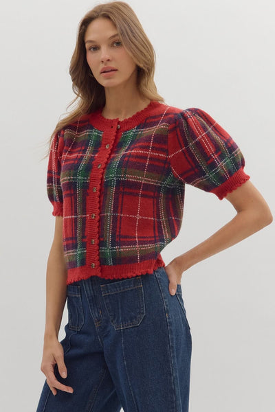 the Graycen Red Plaid Cardigan