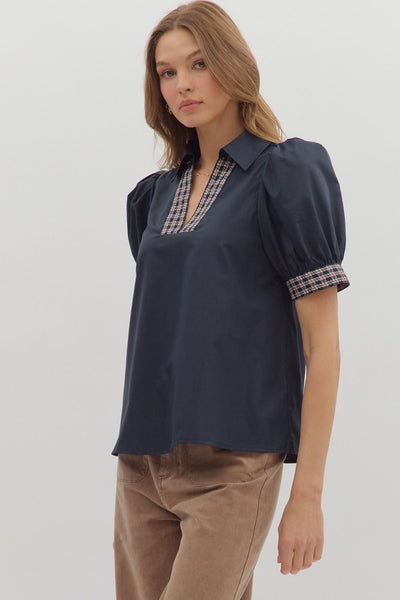 the Abigail Plaid Trim top