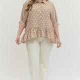 The Clara Mocha Polka Dot Peplum Top