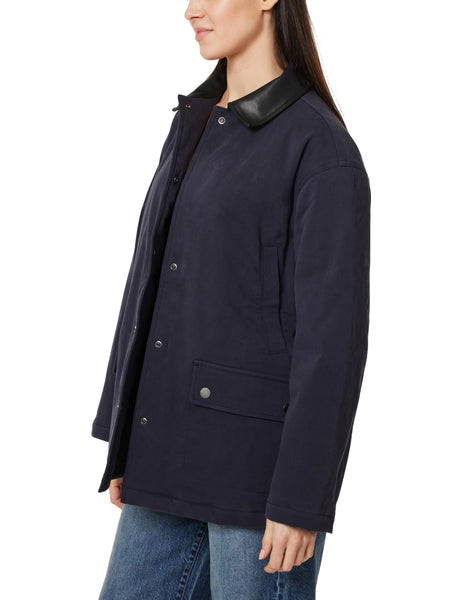 Navy Barn Jacket With Faux Leather Collar