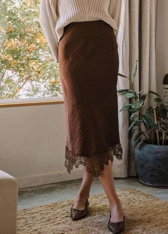 the Mila Brown Lace Trim Skirt