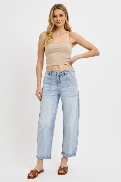 Mid Rise-Barrel-Relaxed Patch Pocket Risen Jeans   C1