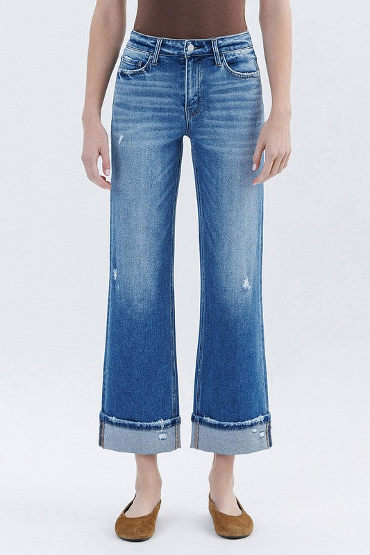 Cuffed High Rise Slim Wide leg Jeans - Flying Monkey.  F6