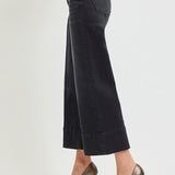 Tummy Control Mid Rise Crop Wide Black Denim - Risen Jeans - C3