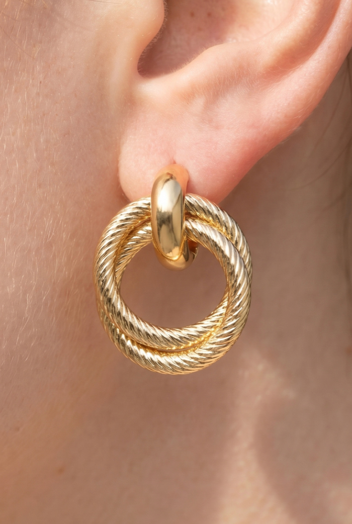 Gold Dipped Twisted Cable Ring Doorknocker Earrings