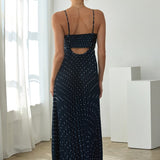 The Angelina Navy Dot Pleated Maxi Dress
