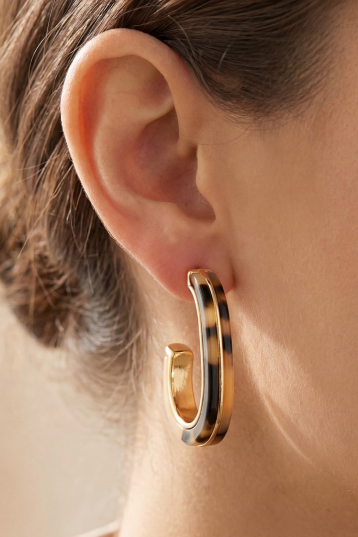 Tortoise Acetate And Metallic Oval Hoop Earrings
