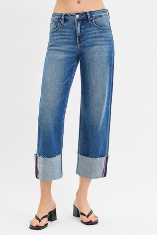 Mid Rise Crop Wide Cuffed Jeans - Risen Denim - F8