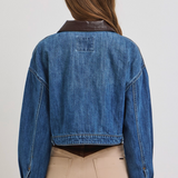 Cropped Leather Trimmed Denim Jacket