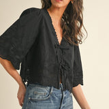 The Hendrix Black Eyelet Tie Front Blouse