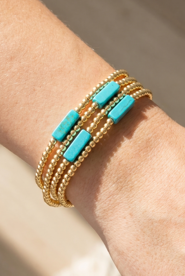 Turquoise Semi Precious Stone Gold Beaded Stretch Bracelet