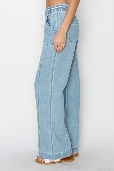 Risen Denim High Rise Wide Leg Elastic pants