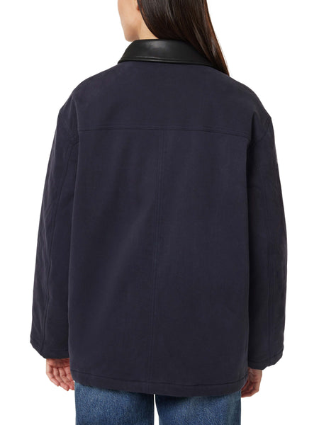 Navy Barn Jacket With Faux Leather Collar