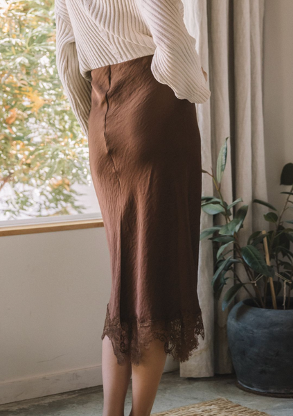 the Mila Brown Lace Trim Skirt