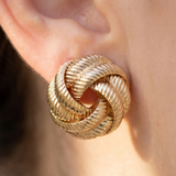 Gold Dipped Ribbed Tube Love Knot Stud Earrings