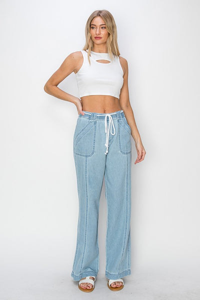 Risen Denim High Rise Wide Leg Elastic pants