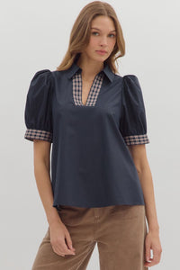 the Abigail Plaid Trim top