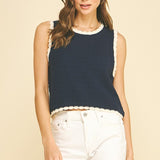 The Erin Navy Knit Scallop Trim Tank Top