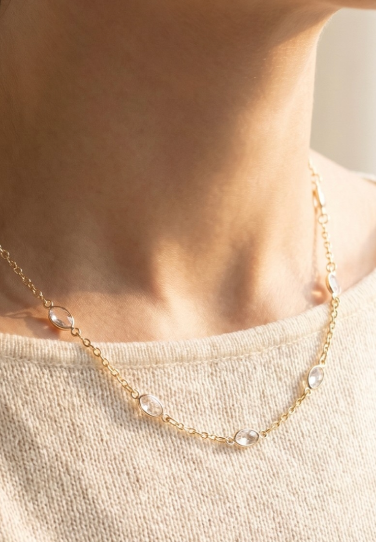 Gold Chain Oval Cz Bezel Station Necklace